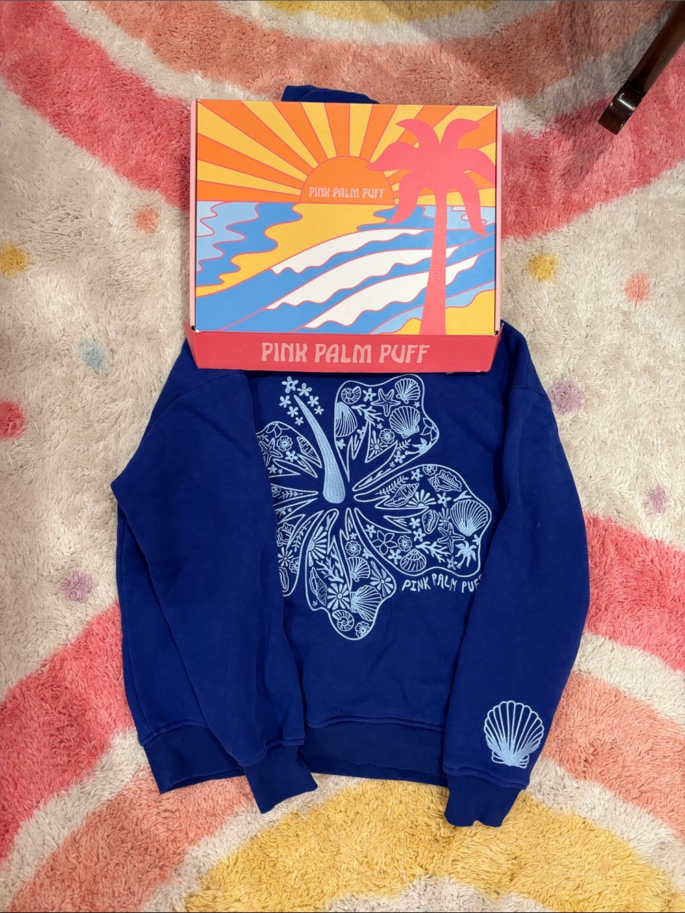Pink Palm Puff Women's Royal Blue Graphic Crewneck Sweatshirt
